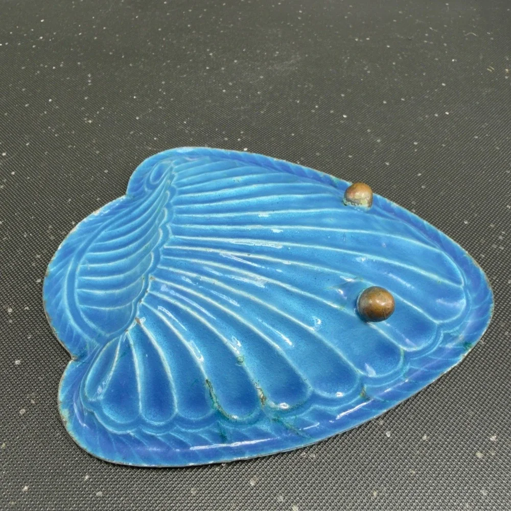 Vintage Enameled Metal Seashell Trinket Dish Multi Color Scallop Shell Tray Dish